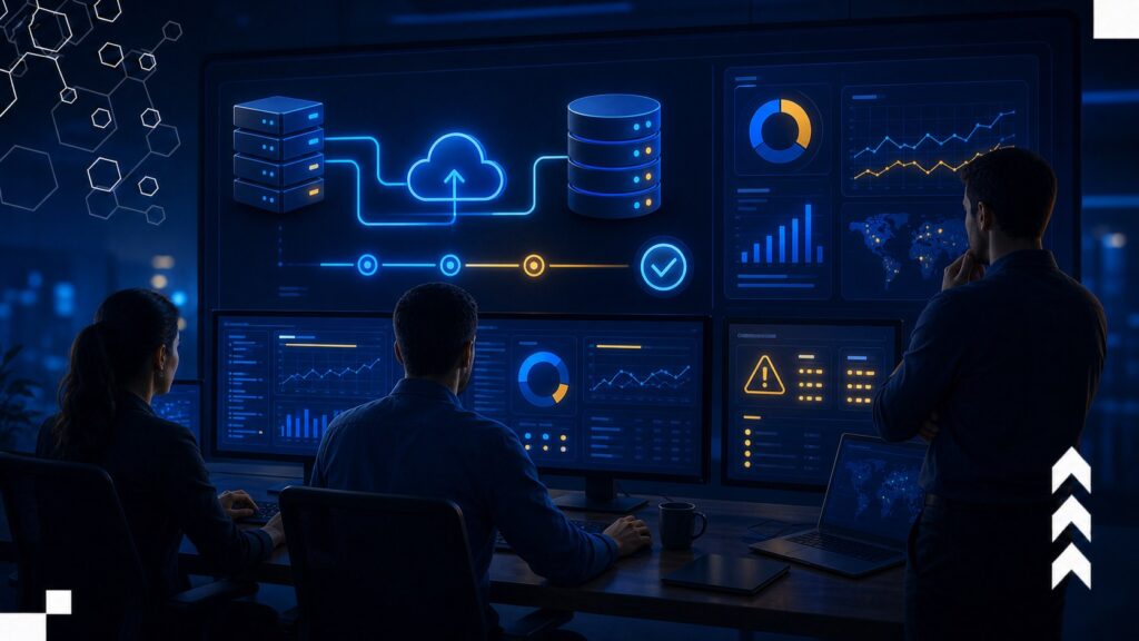 Equipe acompanhando painel de backup e recuperação de sistemas empresariais