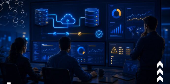 Equipe acompanhando painel de backup e recuperação de sistemas empresariais