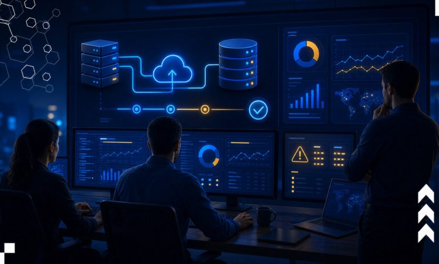 Equipe acompanhando painel de backup e recuperação de sistemas empresariais