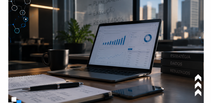 Notebook com dashboard de dados e gráficos sobre mesa de trabalho, representando análise de dados da empresa