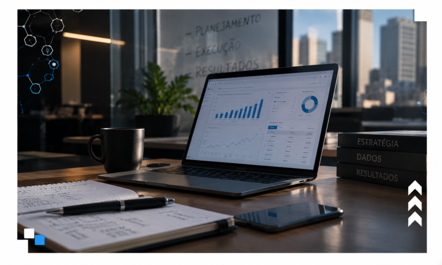 Notebook com dashboard de dados e gráficos sobre mesa de trabalho, representando análise de dados da empresa