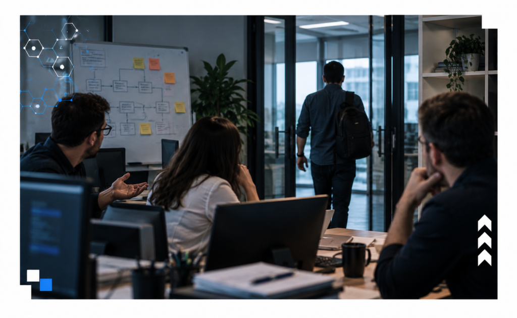 Profissional sobrecarregado em frente ao computador, representando a empresa refém de funcionário que concentra o conhecimento crítico