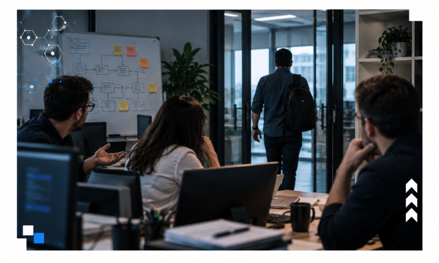 Profissional sobrecarregado em frente ao computador, representando a empresa refém de funcionário que concentra o conhecimento crítico