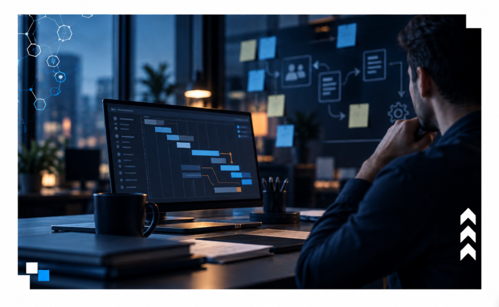 Profissional analisando cronograma de projeto de software em gráfico de Gantt, ilustrando planejamento e prazos
