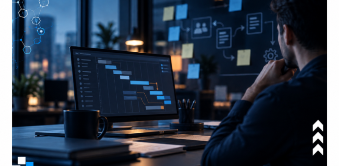 Profissional analisando cronograma de projeto de software em gráfico de Gantt, ilustrando planejamento e prazos