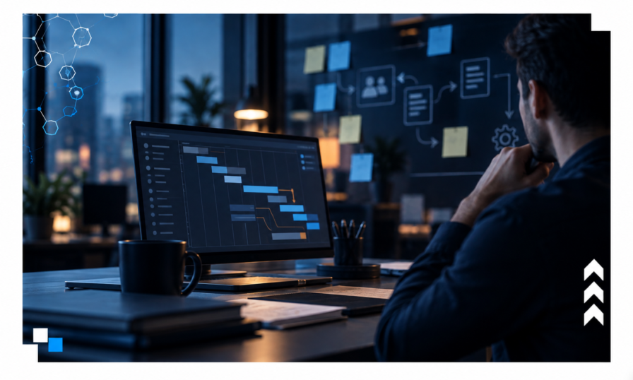 Profissional analisando cronograma de projeto de software em gráfico de Gantt, ilustrando planejamento e prazos