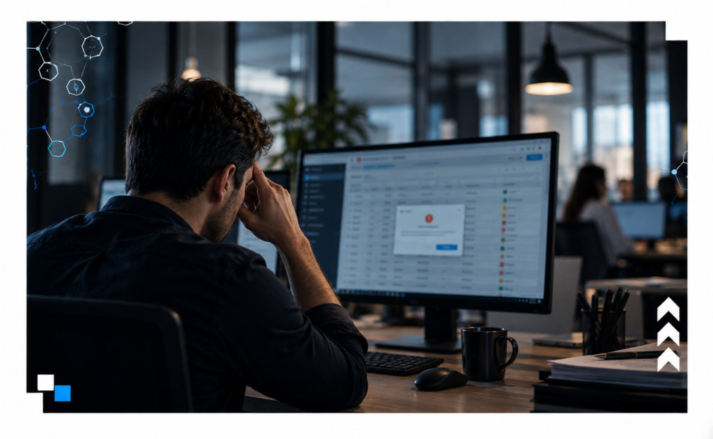 Profissional de cabeça baixa em frente ao computador com sistema travando, representando sistema que não acompanha o crescimento da empresa