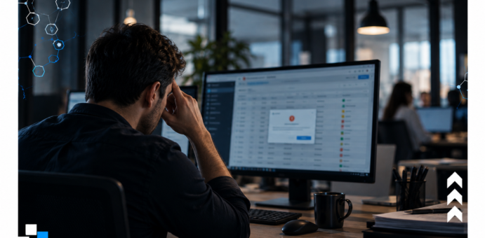 Profissional de cabeça baixa em frente ao computador com sistema travando, representando sistema que não acompanha o crescimento da empresa