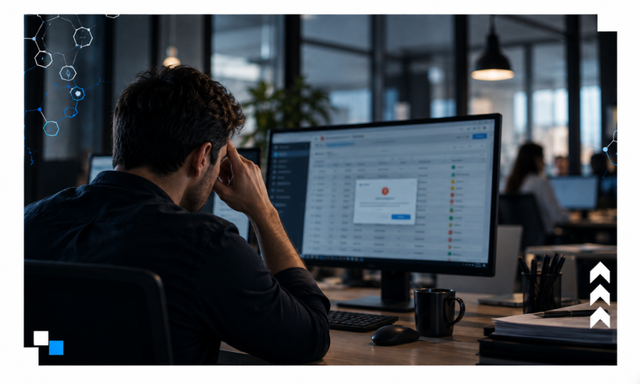 Profissional de cabeça baixa em frente ao computador com sistema travando, representando sistema que não acompanha o crescimento da empresa